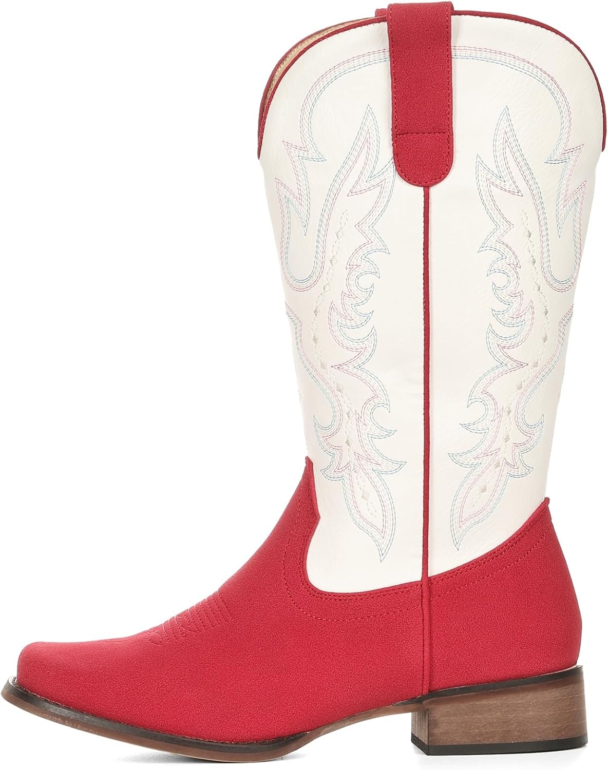 image:imageIUV Cowboy Boots for Women Square Toe Mid Calf Cowgirl Boots Embroidered Chunky Heel Western Boots for Country Concert Music FestivalRuby RedWhite