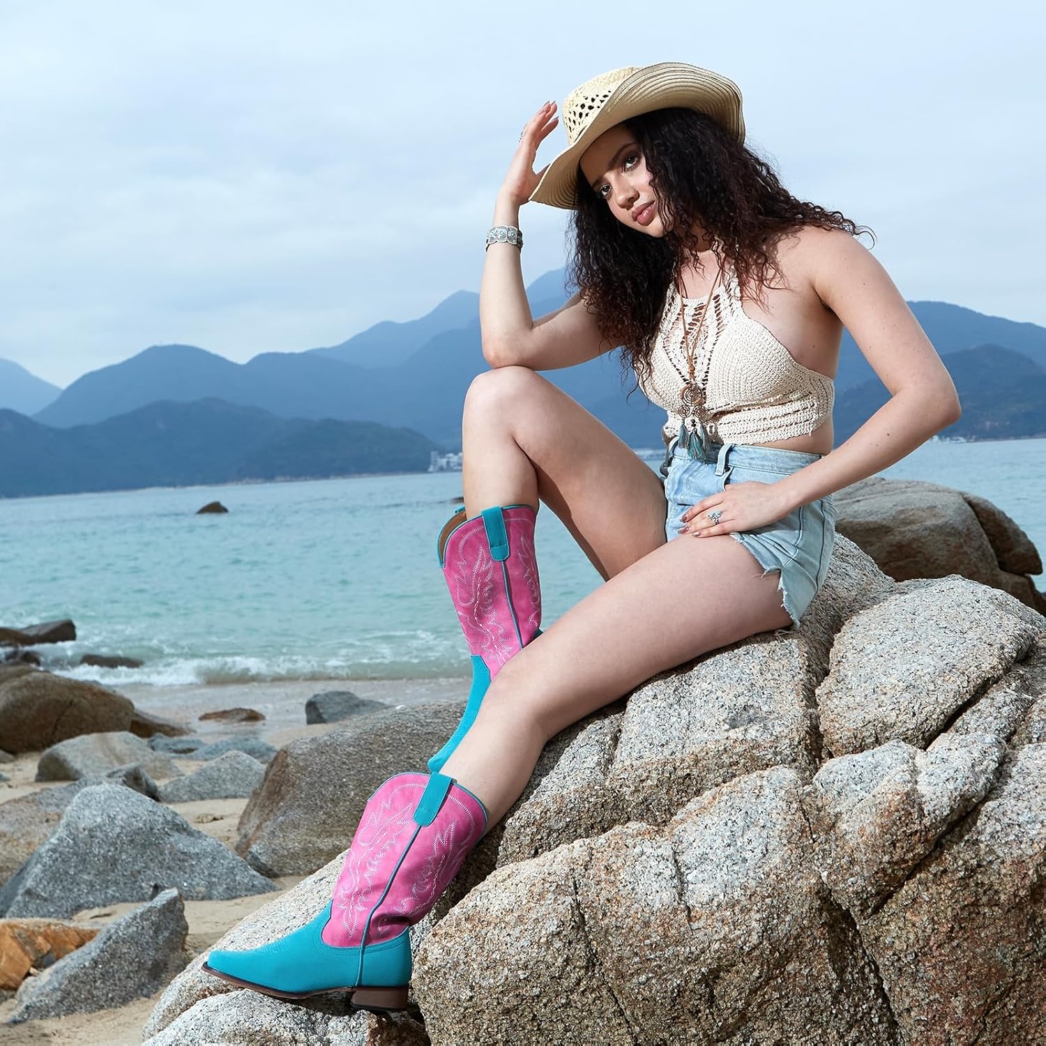 image:imageIUV Cowboy Boots for Women Square Toe Mid Calf Cowgirl Boots Embroidered Chunky Heel Western Boots for Country Concert Music FestivalTurquoiseWatermelon