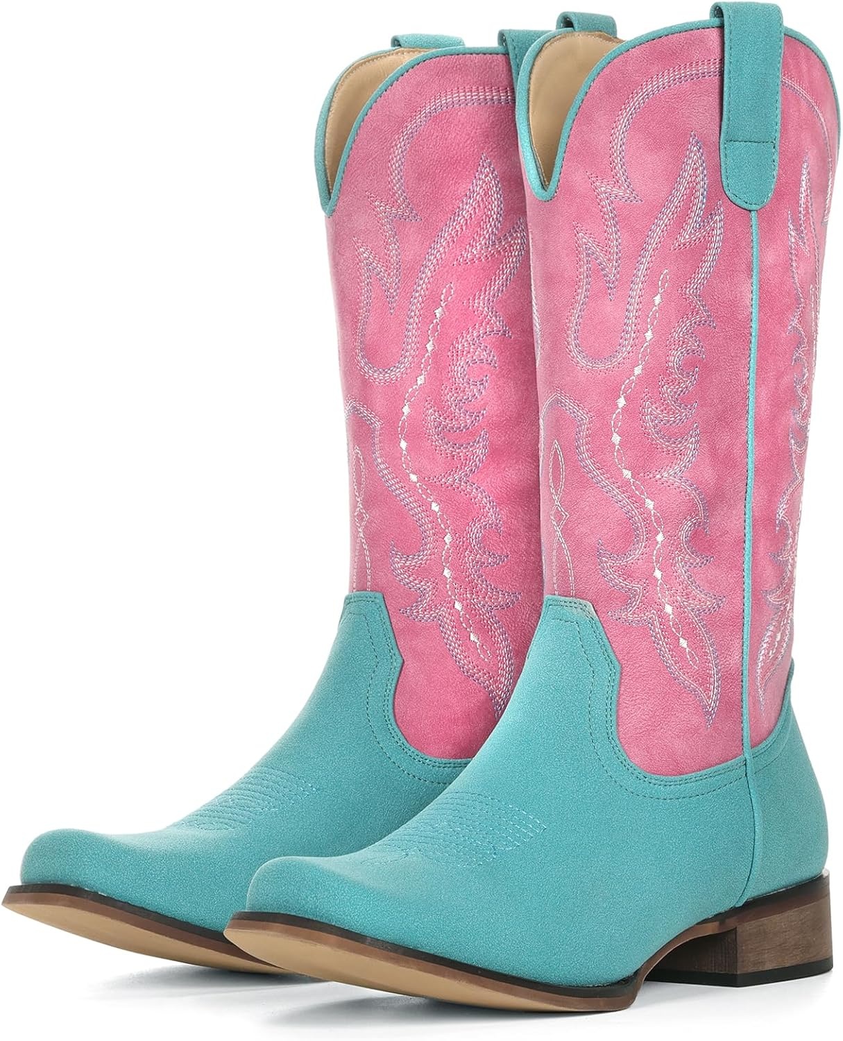 image:imageIUV Cowboy Boots for Women Square Toe Mid Calf Cowgirl Boots Embroidered Chunky Heel Western Boots for Country Concert Music FestivalTurquoiseWatermelon