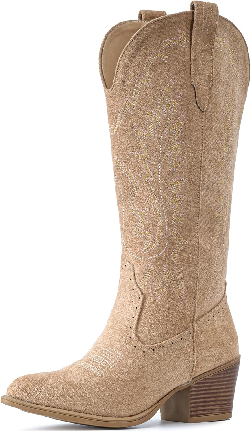 image:imageIUV Suede Cowboy Boots For Women Chunky Heel Pointed Toe Cowgirl Boots Mid Calf Western Embroidery fall BootApricot