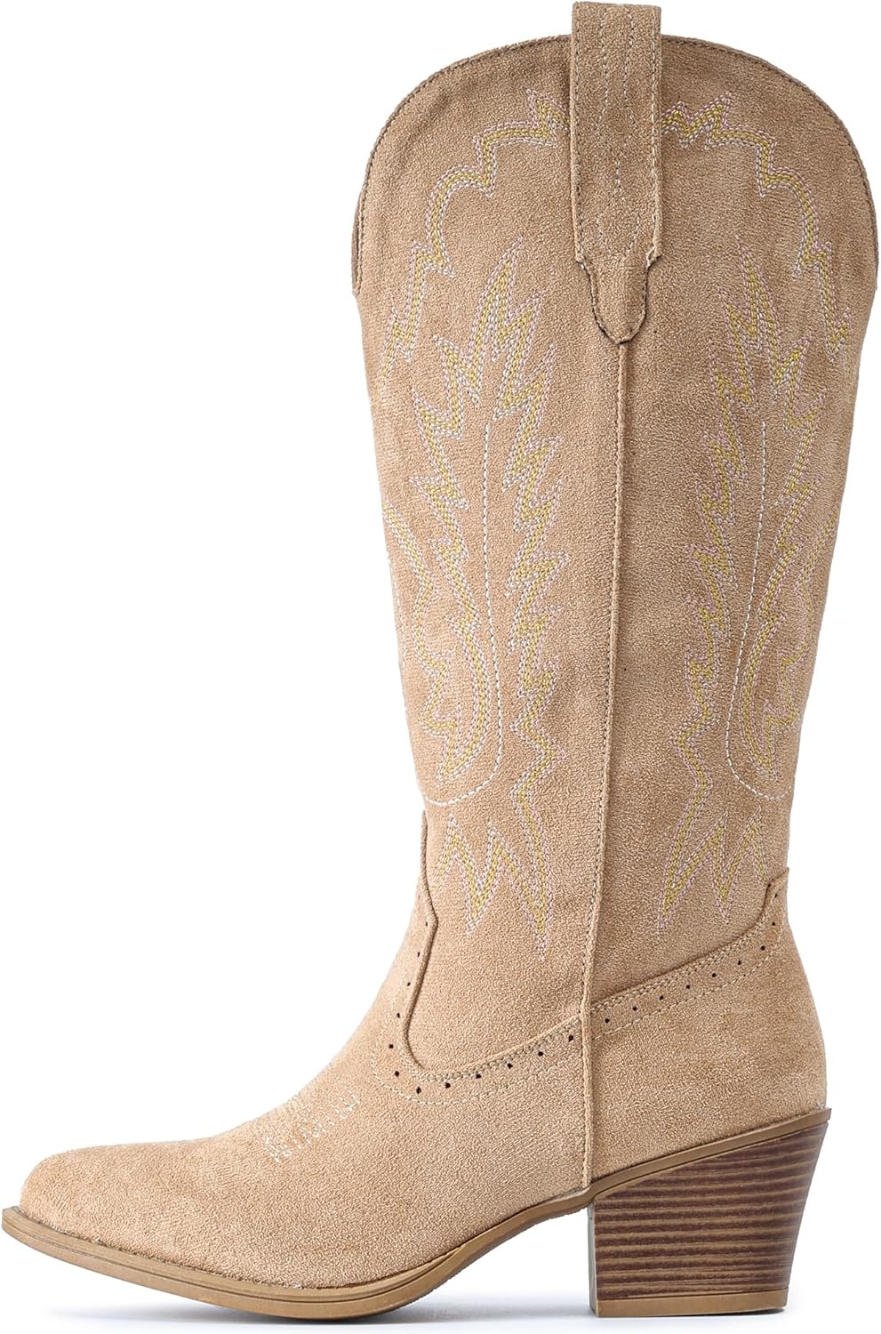 image:imageIUV Suede Cowboy Boots For Women Chunky Heel Pointed Toe Cowgirl Boots Mid Calf Western Embroidery fall BootApricot