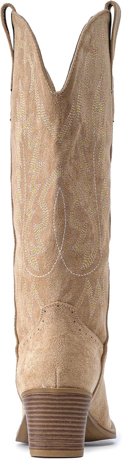 image:imageIUV Suede Cowboy Boots For Women Chunky Heel Pointed Toe Cowgirl Boots Mid Calf Western Embroidery fall BootApricot