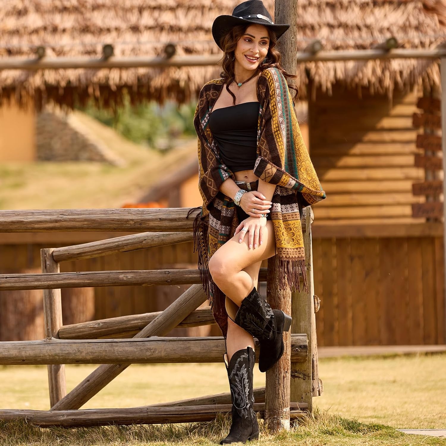 image:imageIUV Suede Cowboy Boots For Women Chunky Heel Pointed Toe Cowgirl Boots Mid Calf Western Embroidery fall BootBlack