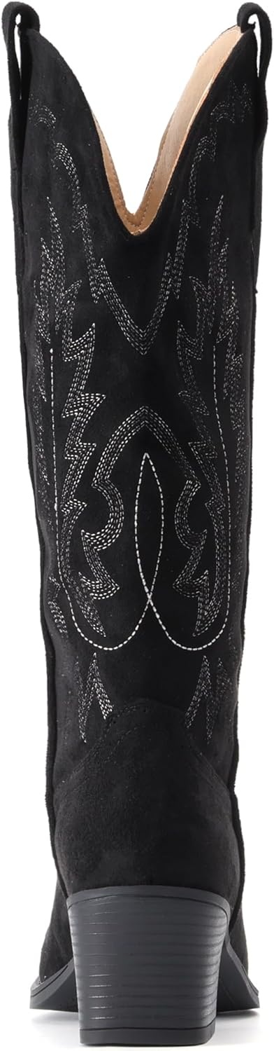 image:imageIUV Suede Cowboy Boots For Women Chunky Heel Pointed Toe Cowgirl Boots Mid Calf Western Embroidery fall BootBlack