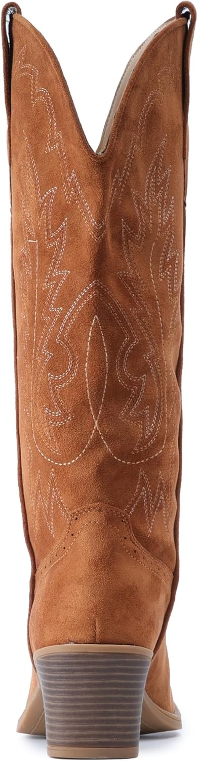 image:imageIUV Suede Cowboy Boots For Women Chunky Heel Pointed Toe Cowgirl Boots Mid Calf Western Embroidery fall BootBrown
