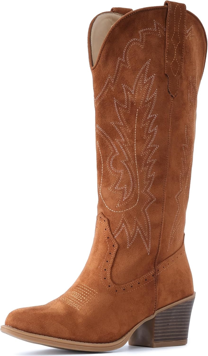 image:imageIUV Suede Cowboy Boots For Women Chunky Heel Pointed Toe Cowgirl Boots Mid Calf Western Embroidery fall BootBrown