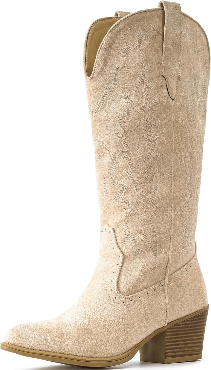 image:imageIUV Suede Cowboy Boots For Women Chunky Heel Pointed Toe Cowgirl Boots Mid Calf Western Embroidery fall BootCamel