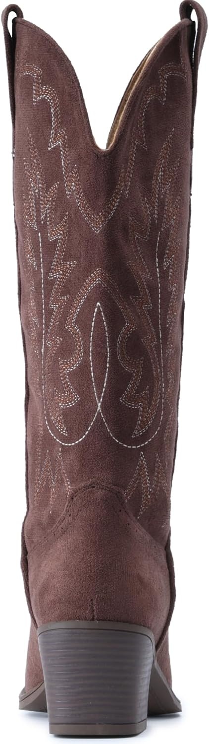 image:imageIUV Suede Cowboy Boots For Women Chunky Heel Pointed Toe Cowgirl Boots Mid Calf Western Embroidery fall BootCoffee
