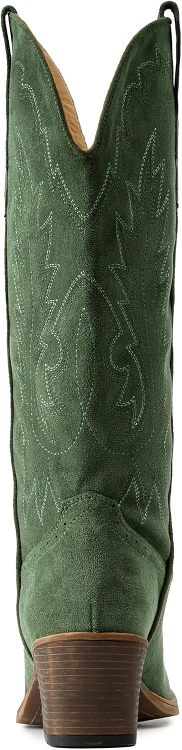 image:imageIUV Suede Cowboy Boots For Women Chunky Heel Pointed Toe Cowgirl Boots Mid Calf Western Embroidery fall BootGreen