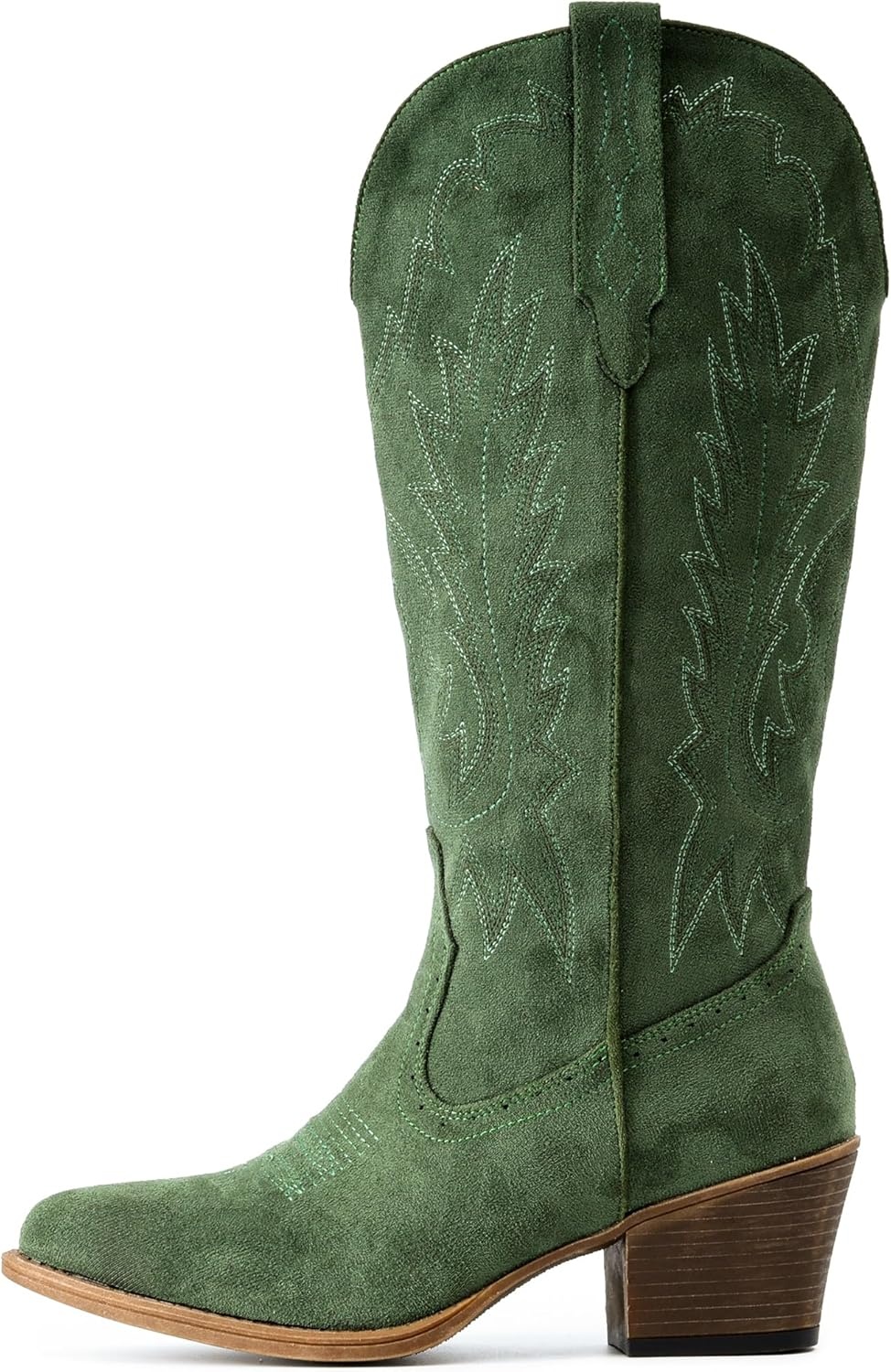 image:imageIUV Suede Cowboy Boots For Women Chunky Heel Pointed Toe Cowgirl Boots Mid Calf Western Embroidery fall BootGreen