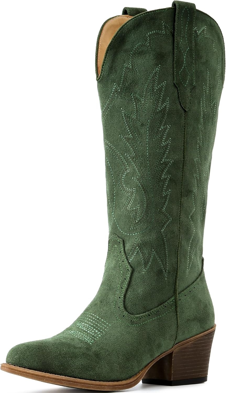 image:imageIUV Suede Cowboy Boots For Women Chunky Heel Pointed Toe Cowgirl Boots Mid Calf Western Embroidery fall BootGreen