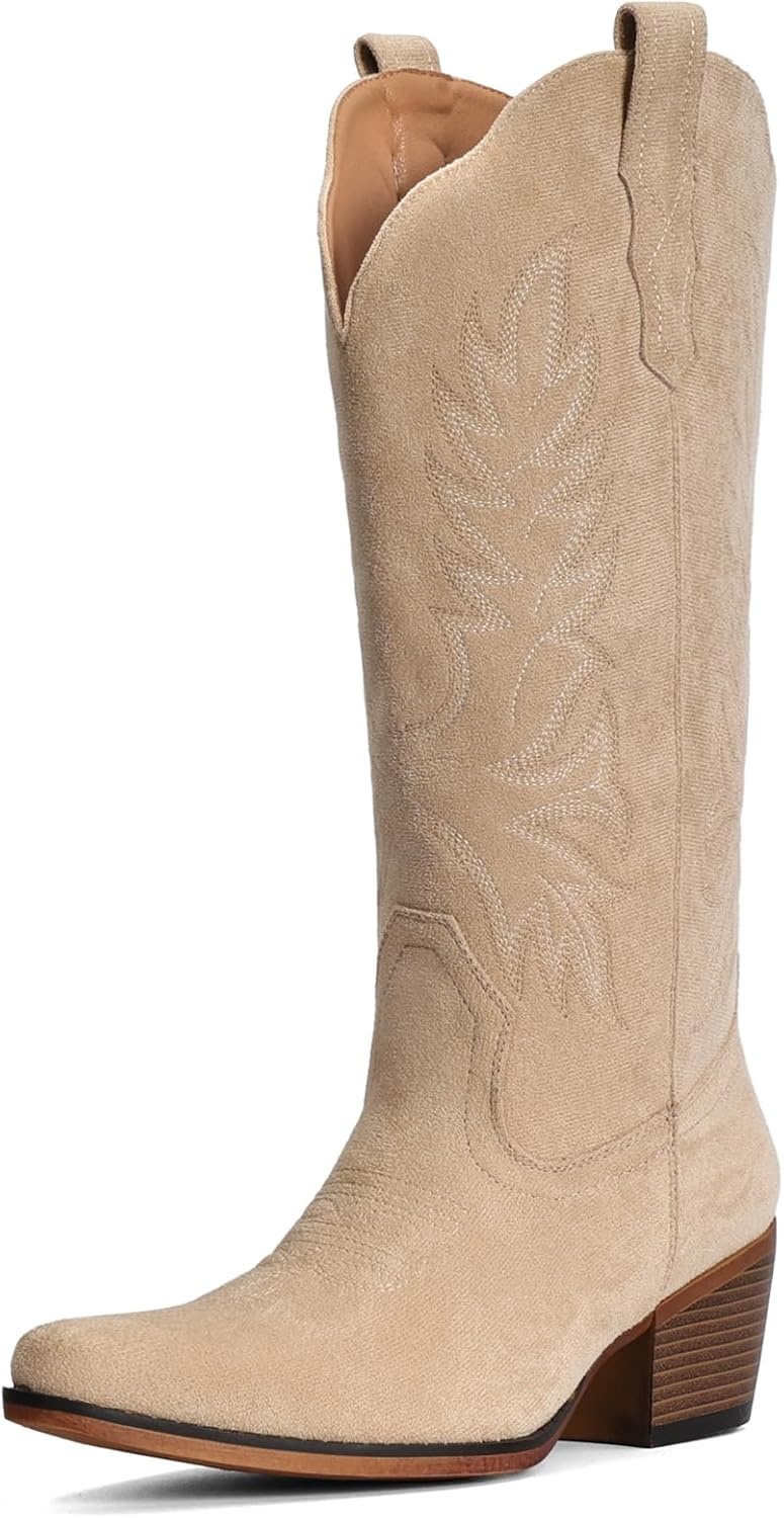 image:imageIUV Suede Cowboy Boots for Women Mid Calf Cowgirl Boots with Embroidered Retro Snip Toe Chunky Heel Western Boot for Country Concert Music Festival Cowboy ChicCamel