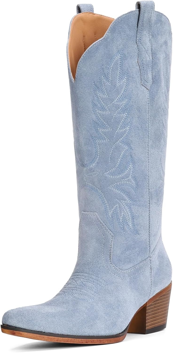 image:imageIUV Suede Cowboy Boots for Women Mid Calf Cowgirl Boots with Embroidered Retro Snip Toe Chunky Heel Western Boot for Country Concert Music Festival Cowboy ChicBlue