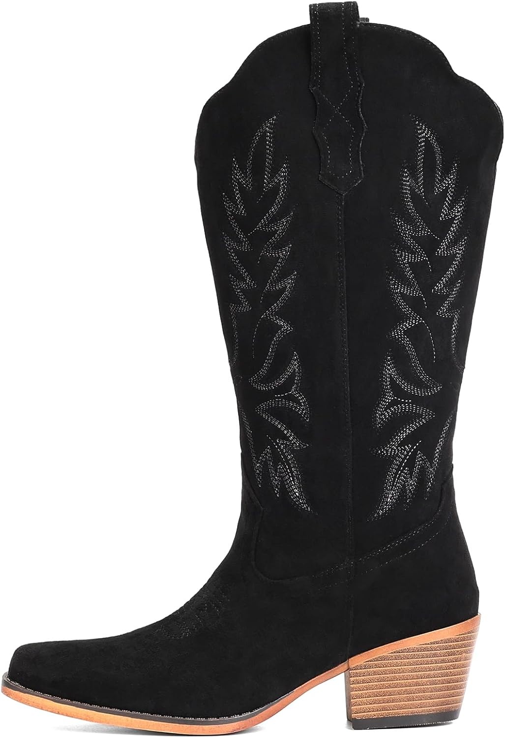 image:imageIUV Suede Cowboy Boots for Women Mid Calf Cowgirl Boots with Embroidered Retro Snip Toe Chunky Heel Western Boot for Country Concert Music Festival Cowboy ChicBlack
