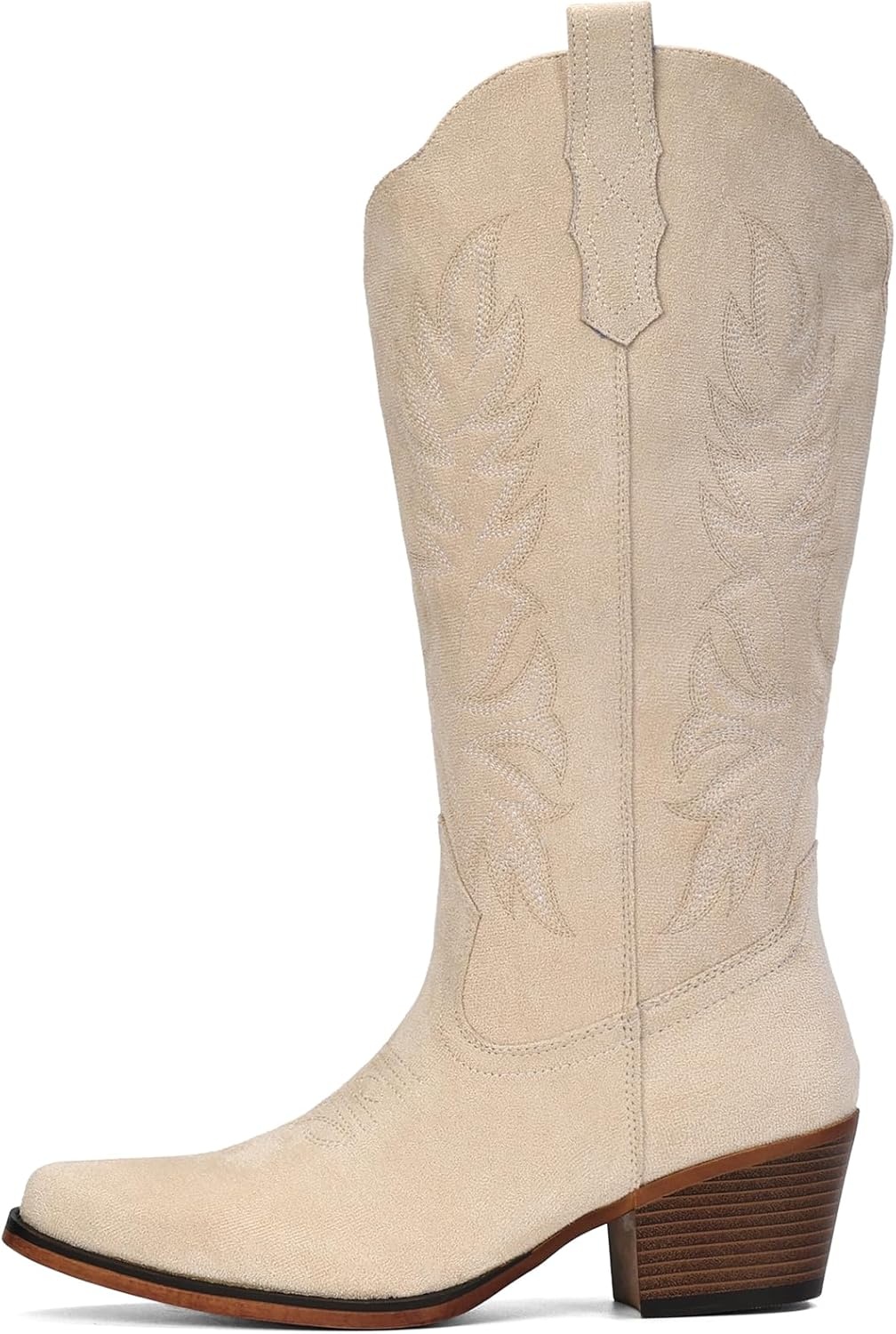 image:imageIUV Suede Cowboy Boots for Women Mid Calf Cowgirl Boots with Embroidered Retro Snip Toe Chunky Heel Western Boot for Country Concert Music Festival Cowboy ChicBeige