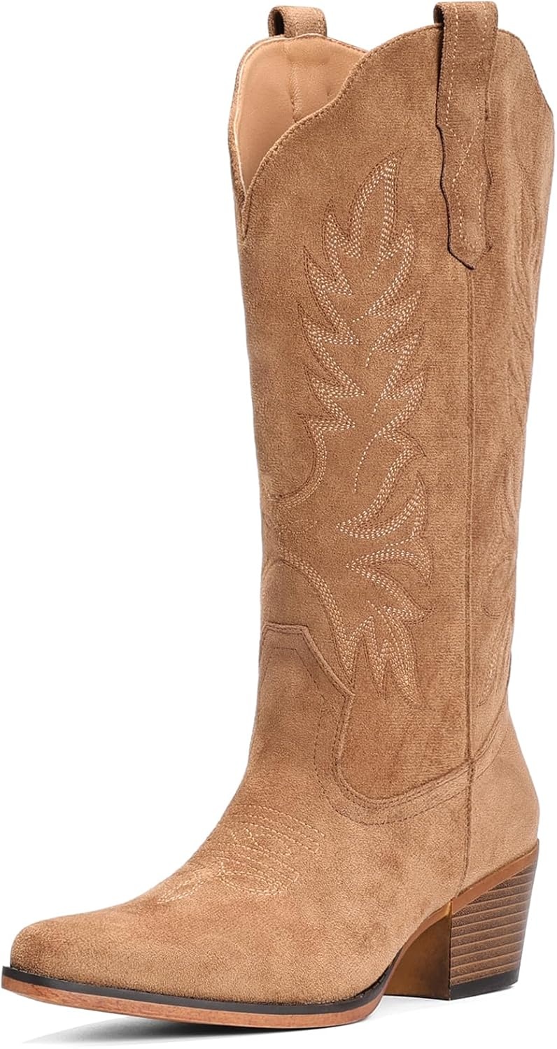 image:imageIUV Suede Cowboy Boots for Women Mid Calf Cowgirl Boots with Embroidered Retro Snip Toe Chunky Heel Western Boot for Country Concert Music Festival Cowboy ChicDark Brown