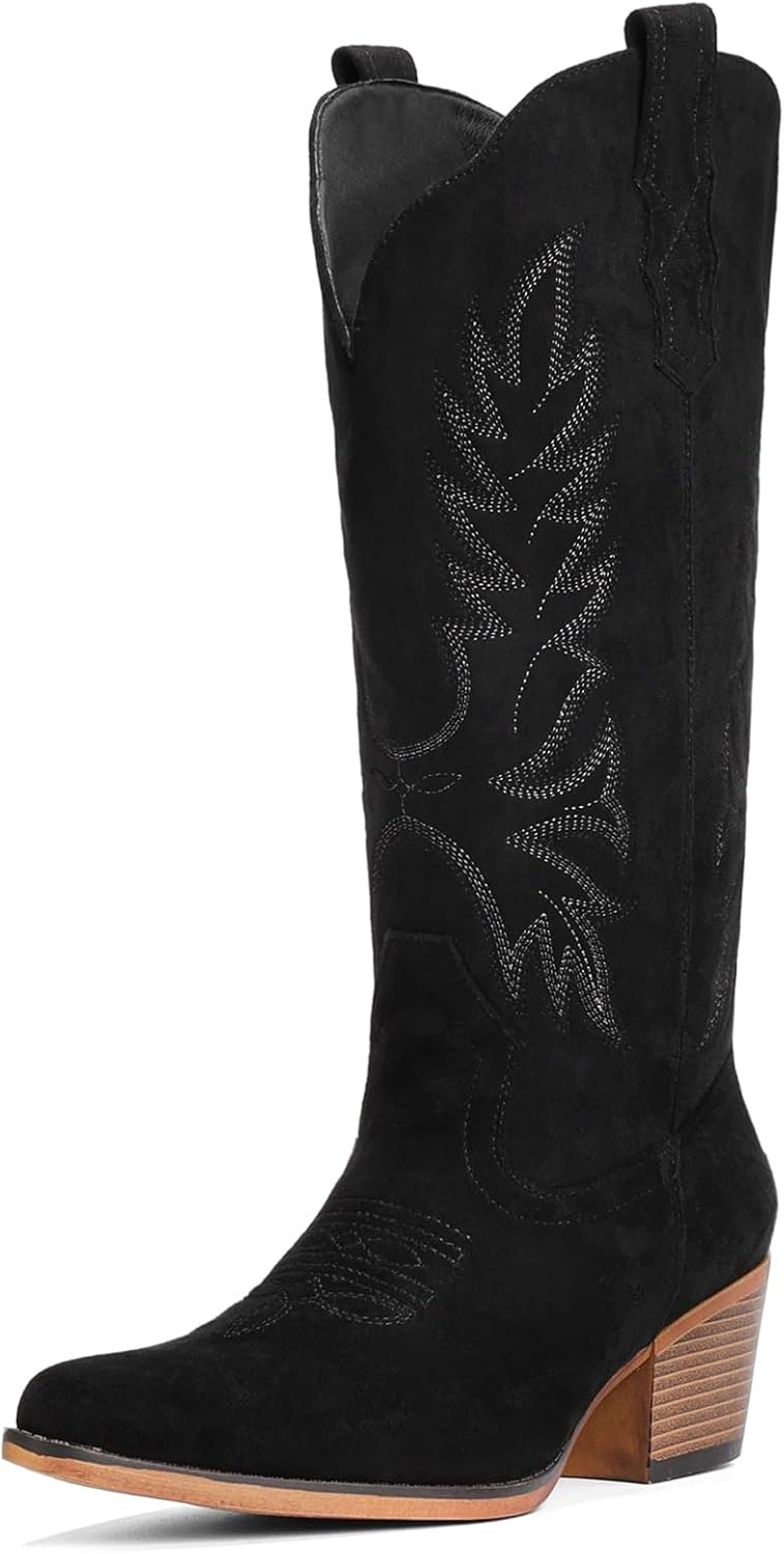 image:imageIUV Suede Cowboy Boots for Women Mid Calf Cowgirl Boots with Embroidered Retro Snip Toe Chunky Heel Western Boot for Country Concert Music Festival Cowboy ChicBlack