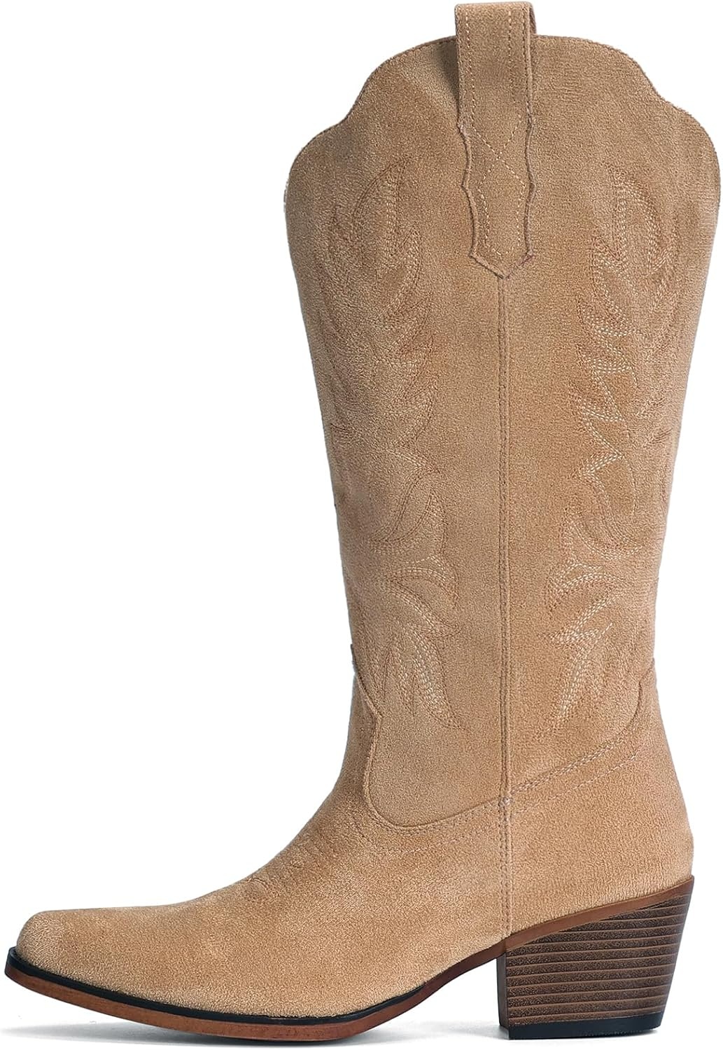 image:imageIUV Suede Cowboy Boots for Women Mid Calf Cowgirl Boots with Embroidered Retro Snip Toe Chunky Heel Western Boot for Country Concert Music Festival Cowboy ChicApricot