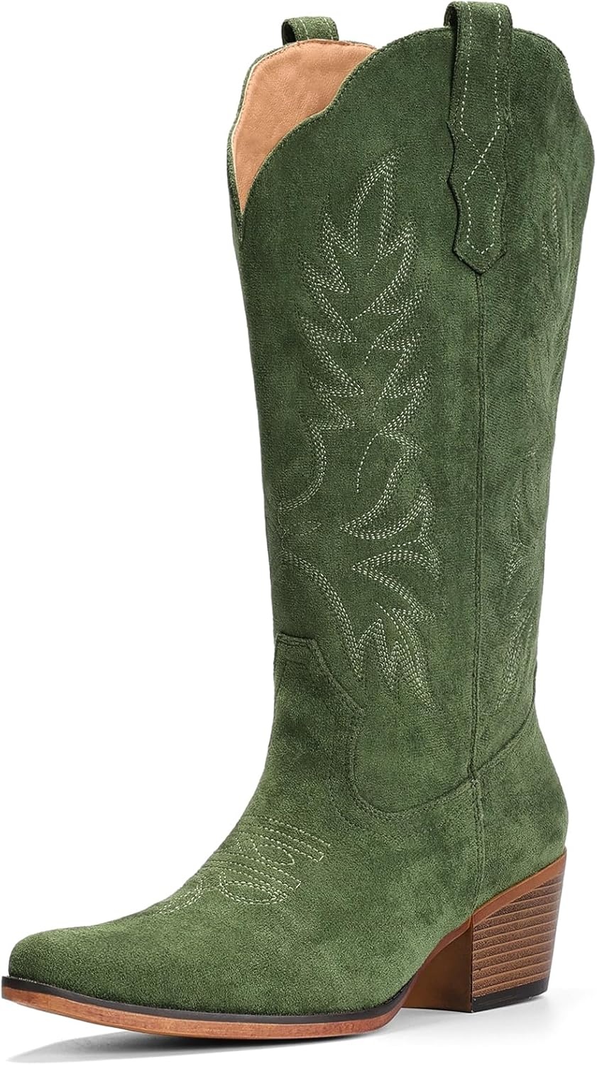 image:imageIUV Suede Cowboy Boots for Women Mid Calf Cowgirl Boots with Embroidered Retro Snip Toe Chunky Heel Western Boot for Country Concert Music Festival Cowboy ChicGreen