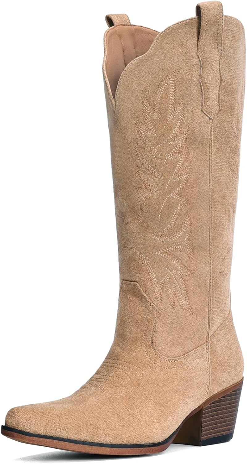 image:imageIUV Suede Cowboy Boots for Women Mid Calf Cowgirl Boots with Embroidered Retro Snip Toe Chunky Heel Western Boot for Country Concert Music Festival Cowboy ChicApricot