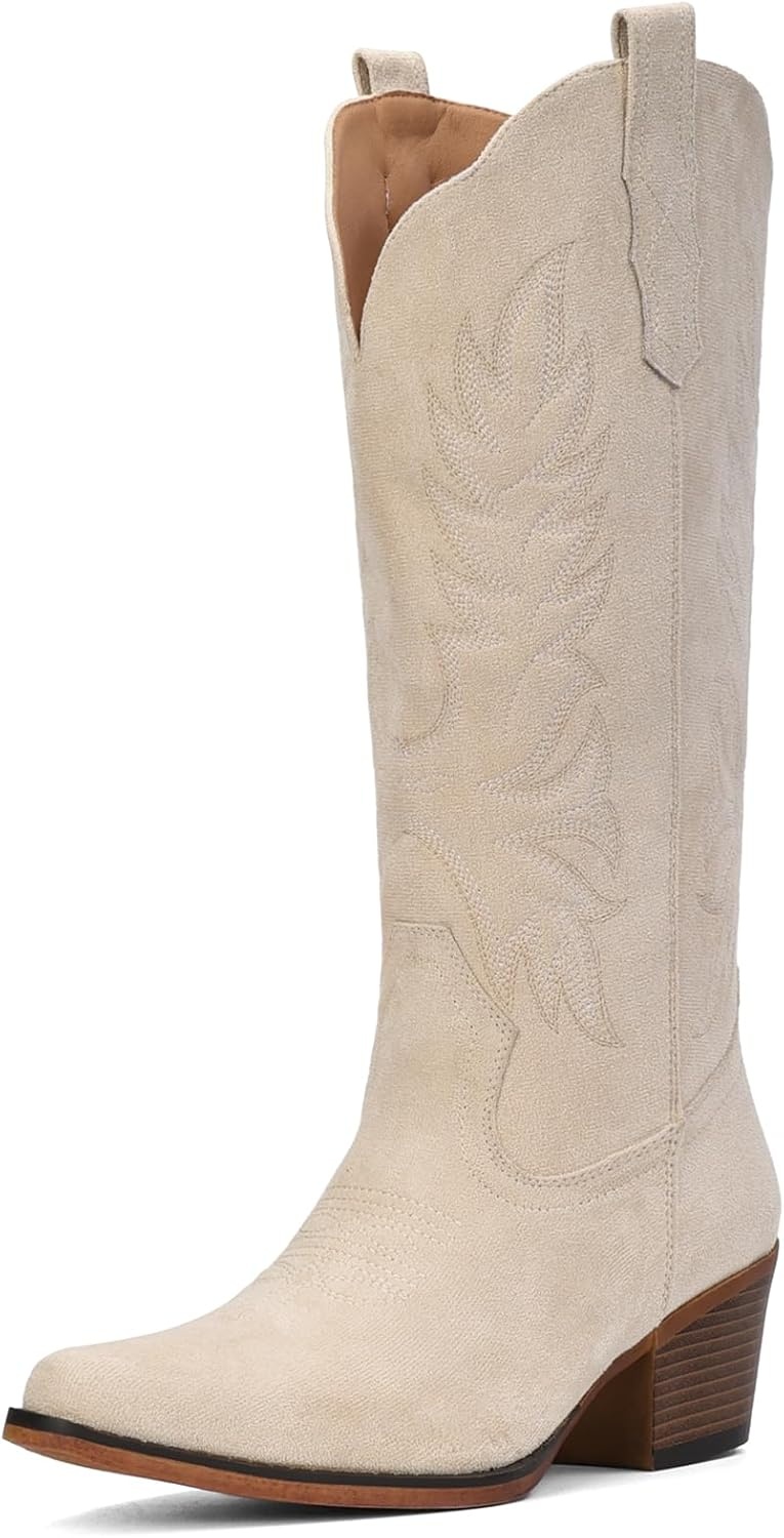 image:imageIUV Suede Cowboy Boots for Women Mid Calf Cowgirl Boots with Embroidered Retro Snip Toe Chunky Heel Western Boot for Country Concert Music Festival Cowboy ChicBeige