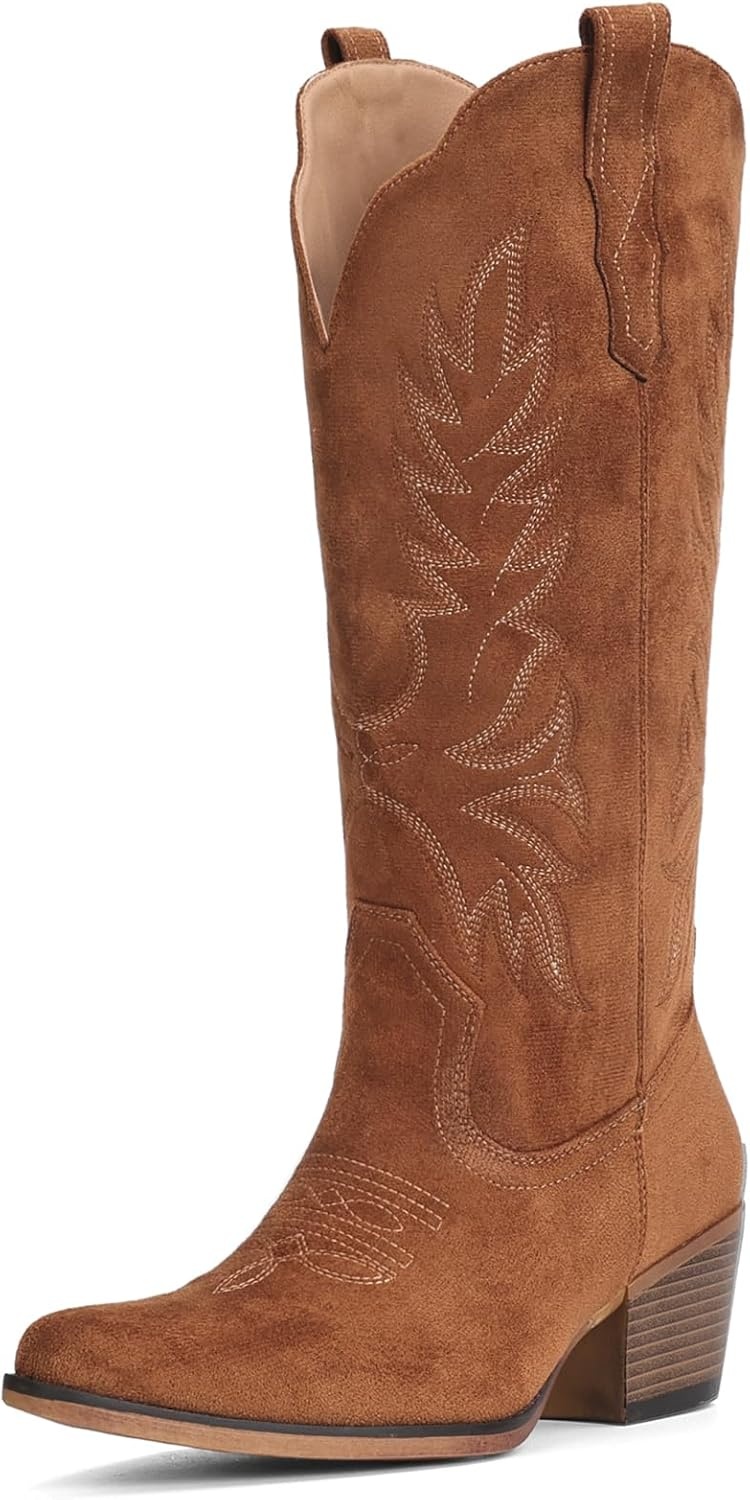 image:imageIUV Suede Cowboy Boots for Women Mid Calf Cowgirl Boots with Embroidered Retro Snip Toe Chunky Heel Western Boot for Country Concert Music Festival Cowboy ChicBrown