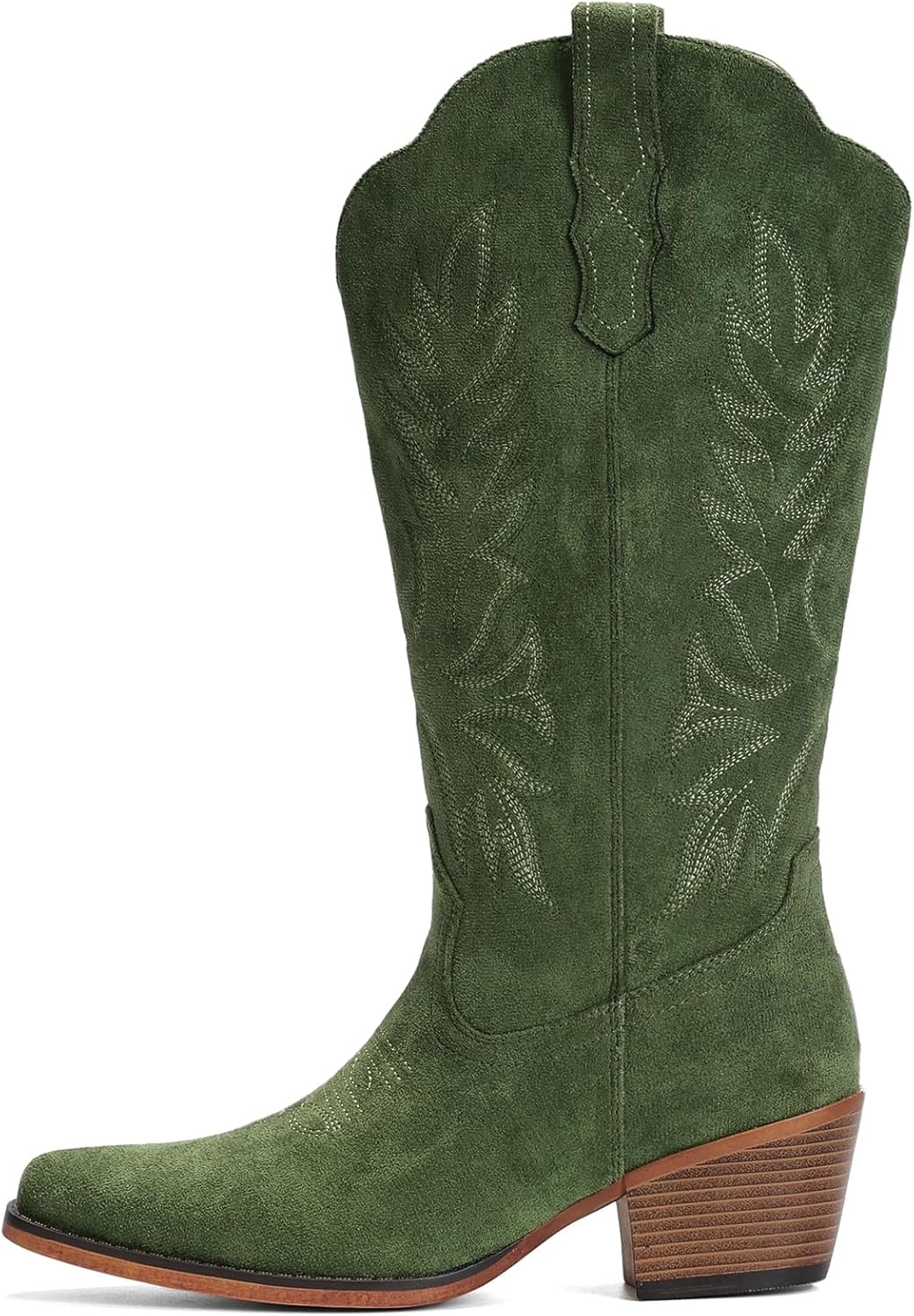 image:imageIUV Suede Cowboy Boots for Women Mid Calf Cowgirl Boots with Embroidered Retro Snip Toe Chunky Heel Western Boot for Country Concert Music Festival Cowboy ChicGreen