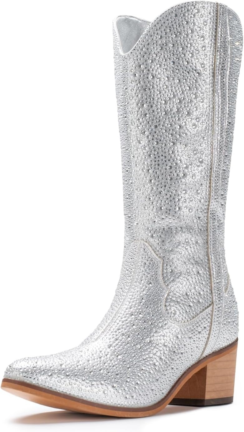 image:imageIUV Women Rhinestone Cowboy Boots Sparkly Western Cowgirl Boots glitter boots Embroidered Knee High Chunky Heel Mid Calf with Side Zipper