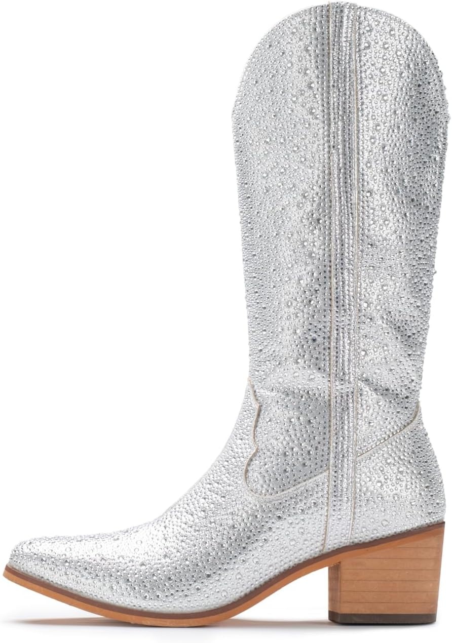 image:imageIUV Women Rhinestone Cowboy Boots Sparkly Western Cowgirl Boots glitter boots Embroidered Knee High Chunky Heel Mid Calf with Side Zipper