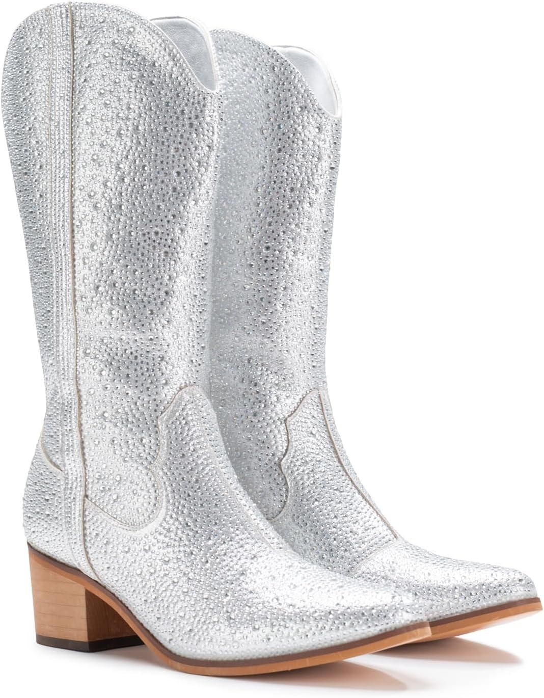 image:imageIUV Women Rhinestone Cowboy Boots Sparkly Western Cowgirl Boots glitter boots Embroidered Knee High Chunky Heel Mid Calf with Side Zipper