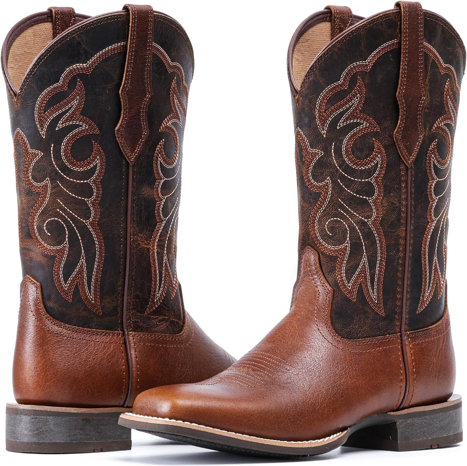 image:imageIUV Womens Leather Western Boots Square Toe Cowboy Boots for women Mid Calf Classic Cowgirl Boots Genuine leather toe and heel textured sheepskin shaftBrown