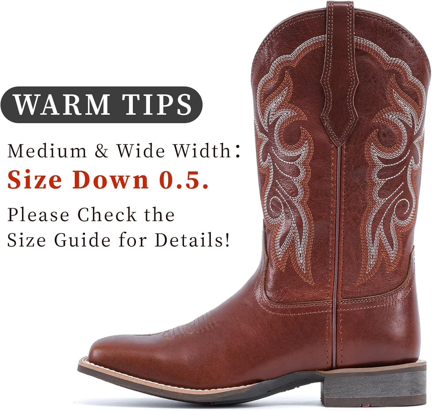 image:imageIUV Womens Leather Western Boots Square Toe Cowboy Boots for women Mid Calf Classic Cowgirl Boots Genuine leather toe and heel textured sheepskin shaftRedBrown