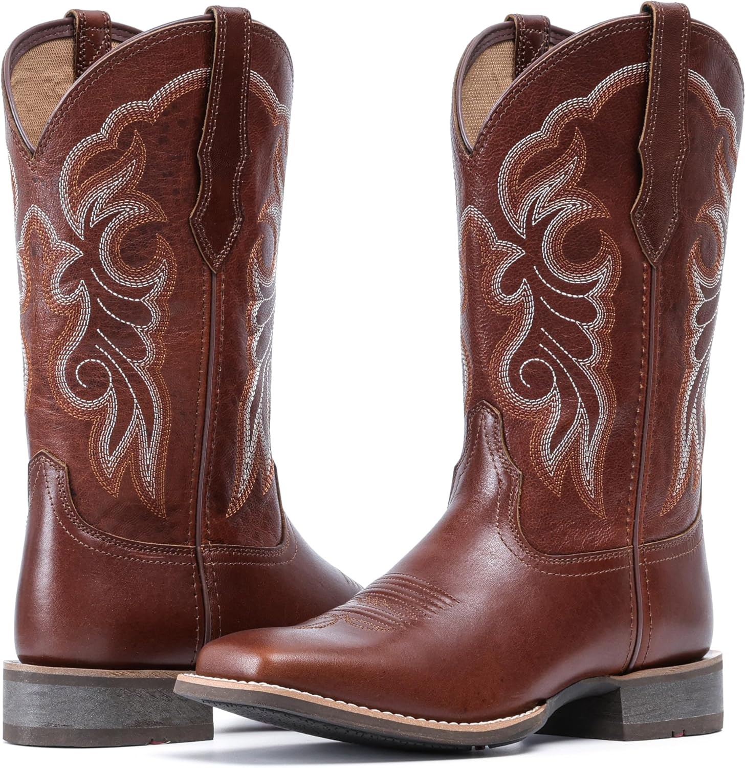 image:imageIUV Womens Leather Western Boots Square Toe Cowboy Boots for women Mid Calf Classic Cowgirl Boots Genuine leather toe and heel textured sheepskin shaftRedBrown
