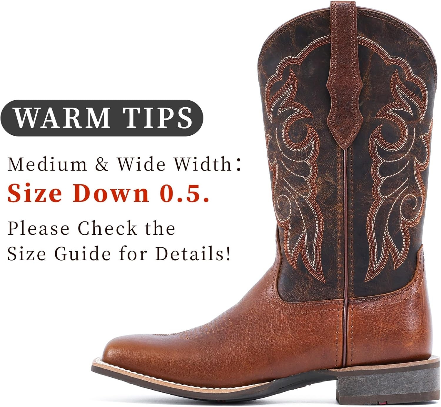 image:imageIUV Womens Leather Western Boots Square Toe Cowboy Boots for women Mid Calf Classic Cowgirl Boots Genuine leather toe and heel textured sheepskin shaftBrown