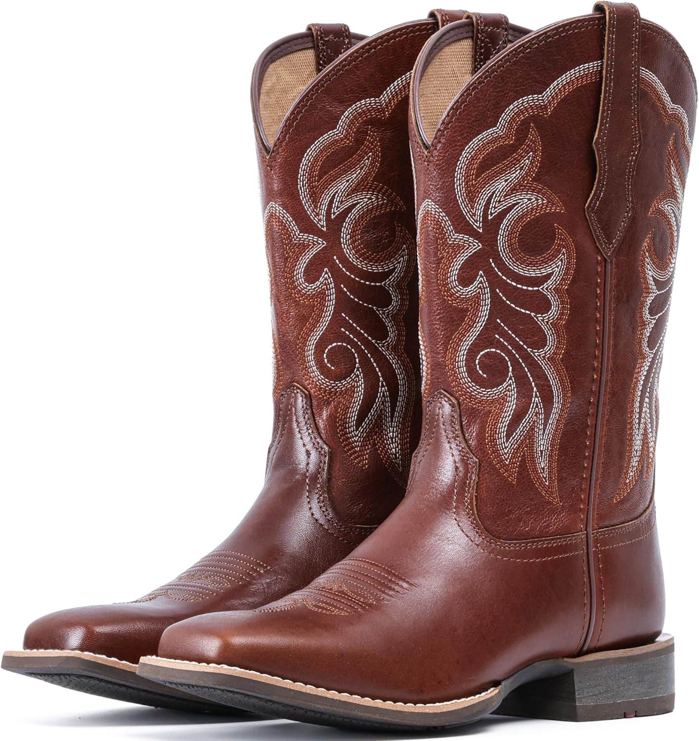 image:imageIUV Womens Leather Western Boots Square Toe Cowboy Boots for women Mid Calf Classic Cowgirl Boots Genuine leather toe and heel textured sheepskin shaftRedBrown