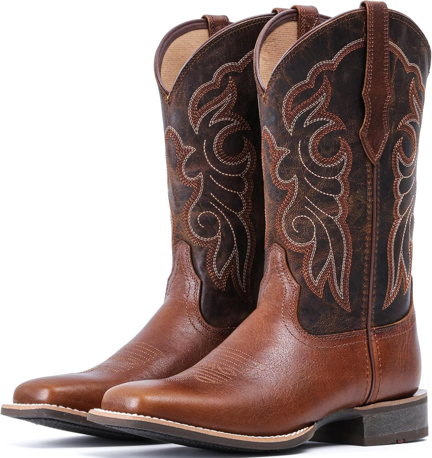 image:imageIUV Womens Leather Western Boots Square Toe Cowboy Boots for women Mid Calf Classic Cowgirl Boots Genuine leather toe and heel textured sheepskin shaftBrown