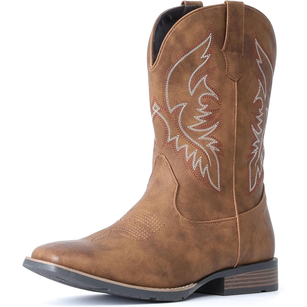 image:imageIUV Cowboy Boots For Men Square Toe Western Boot Durable Retro Classic Embroidered Pull On Boot Slip Resistant Country BootsBrown