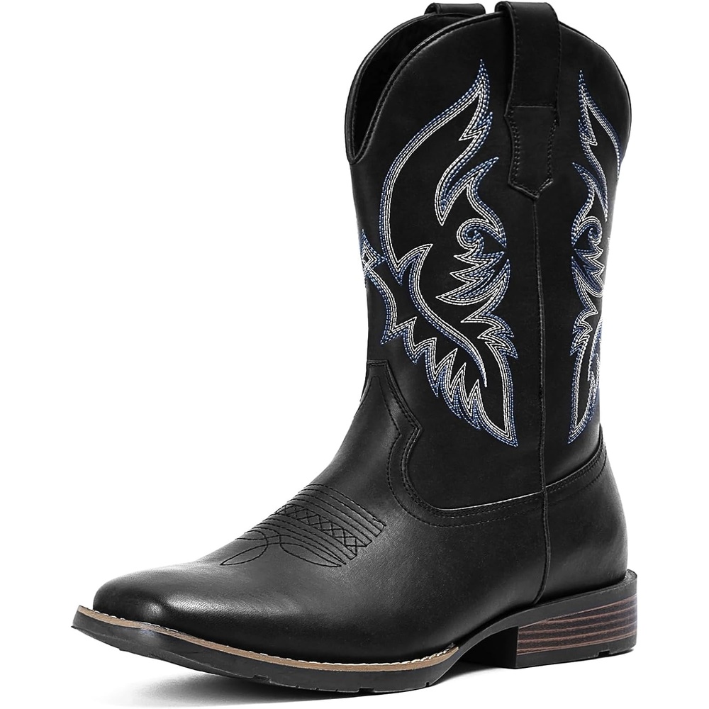 image:imageIUV Cowboy Boots For Men Square Toe Western Boot Durable Retro Classic Embroidered Pull On Boot Slip Resistant Country BootsMatte Black