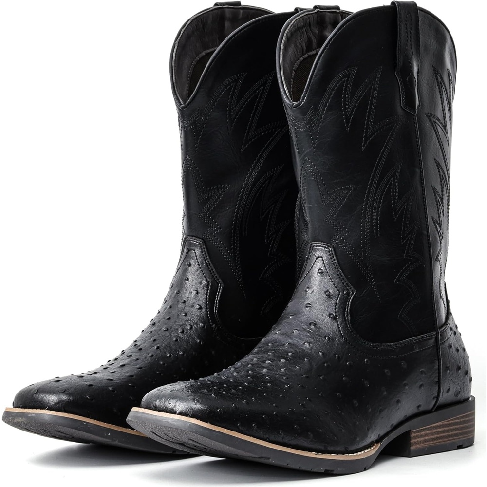 image:imageIUV Cowboy Boots For Men Western Ostrich Wide Durable Fashionable Embroidered Pull On Slip Resistant Assorted Colors BootsOstrich Black