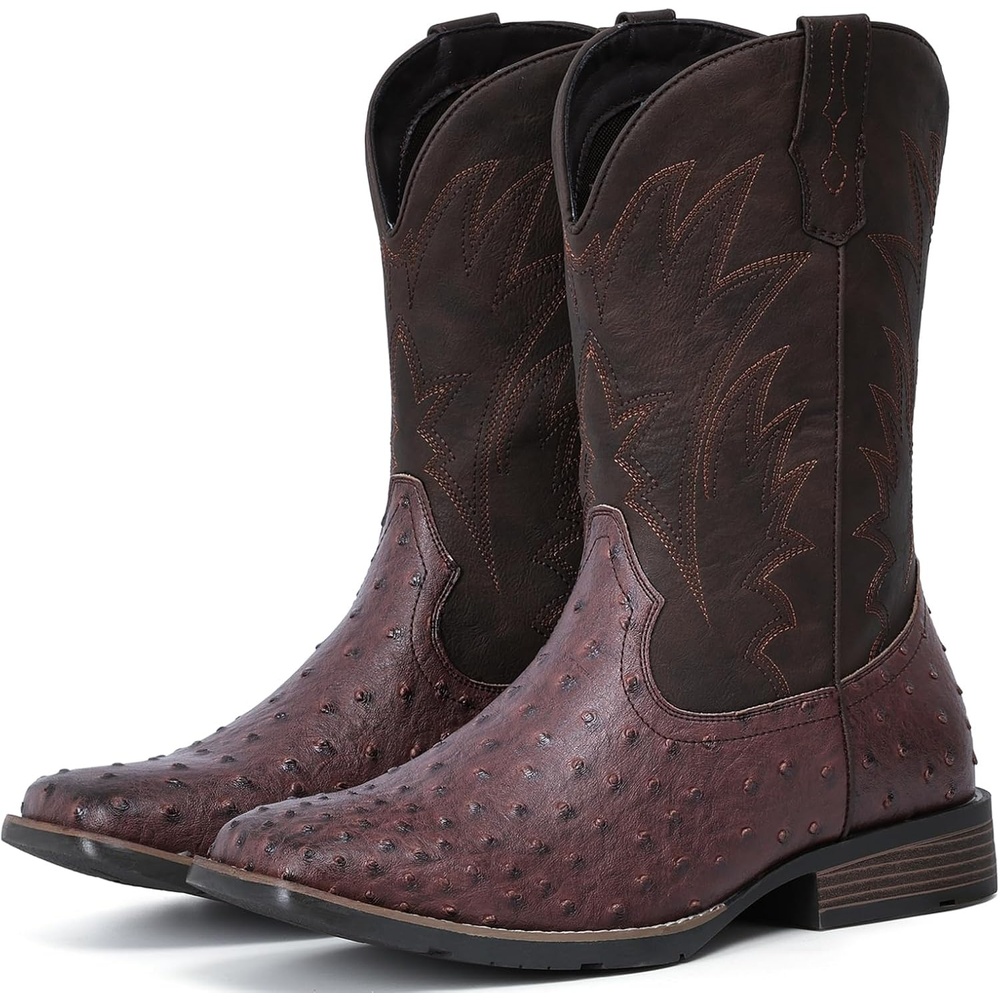 image:imageIUV Cowboy Boots For Men Western Ostrich Wide Durable Fashionable Embroidered Pull On Slip Resistant Assorted Colors BootsOstrich Coffee