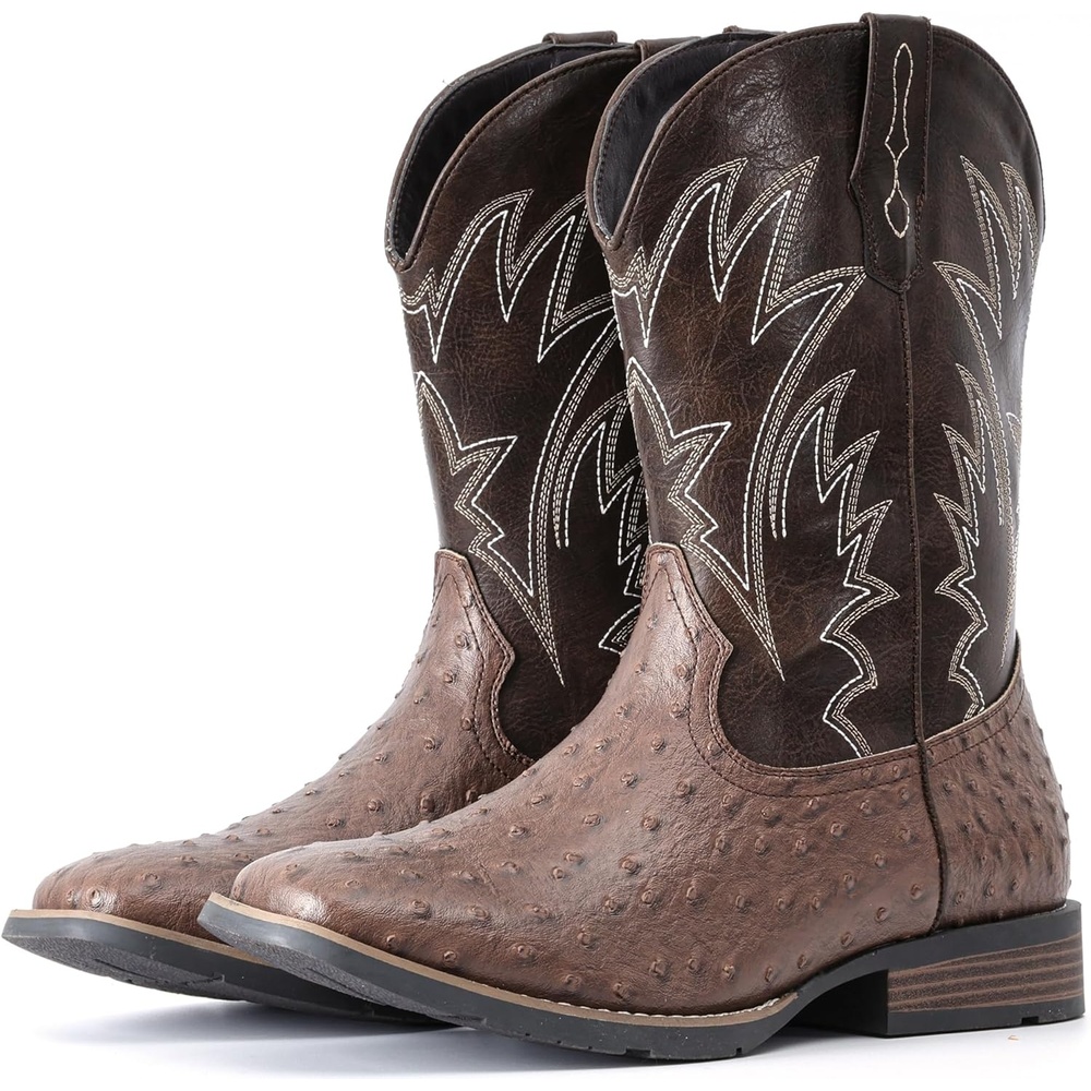 image:imageIUV Cowboy Boots For Men Western Ostrich Wide Durable Fashionable Embroidered Pull On Slip Resistant Assorted Colors BootsOstrich Dark Brown