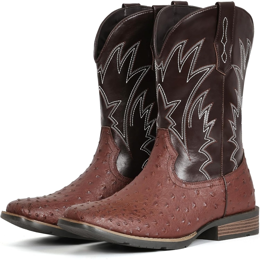 image:imageIUV Cowboy Boots For Men Western Ostrich Wide Durable Fashionable Embroidered Pull On Slip Resistant Assorted Colors BootsOstrich Red Brown