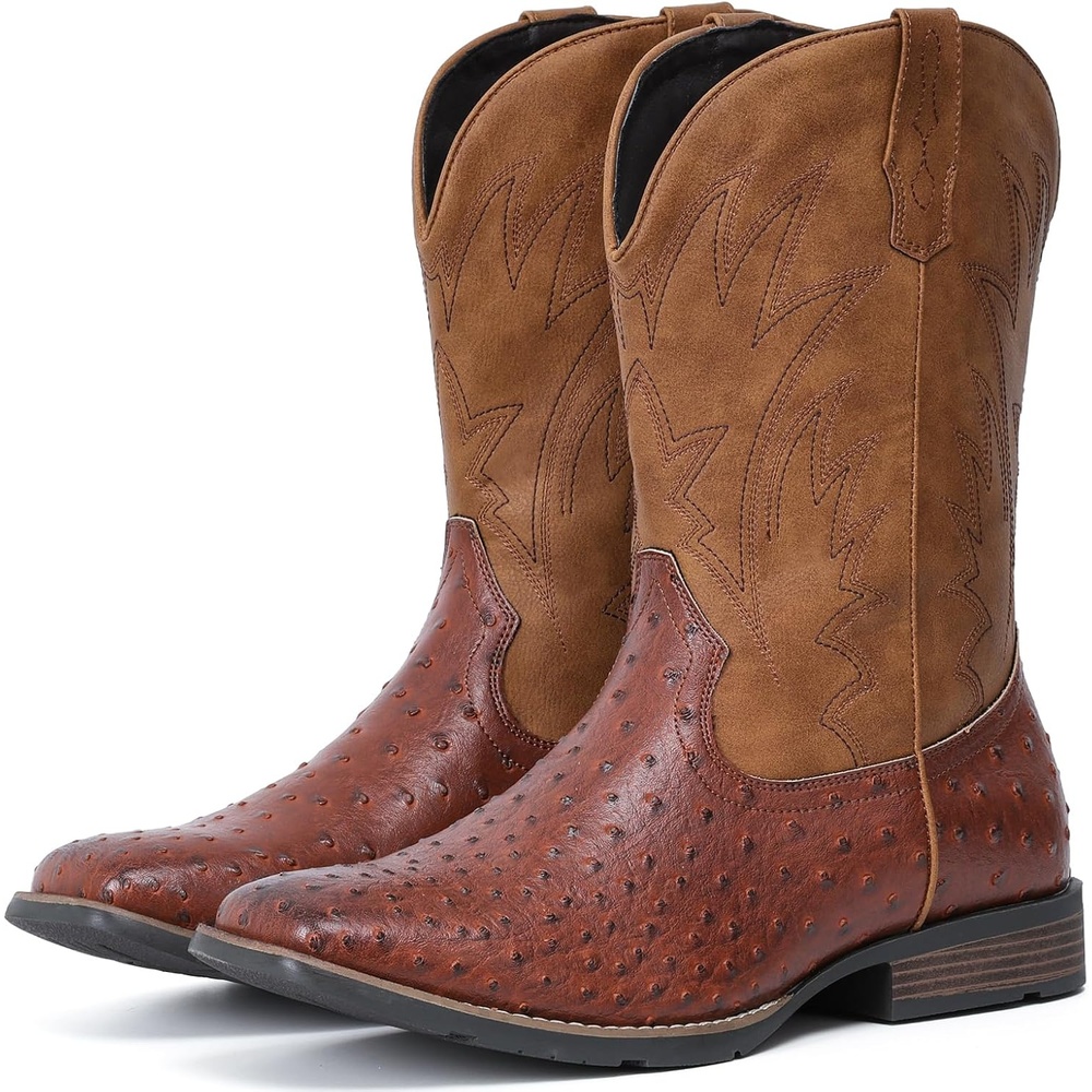 image:imageIUV Cowboy Boots For Men Western Ostrich Wide Durable Fashionable Embroidered Pull On Slip Resistant Assorted Colors BootsOstrich Yellow Brown