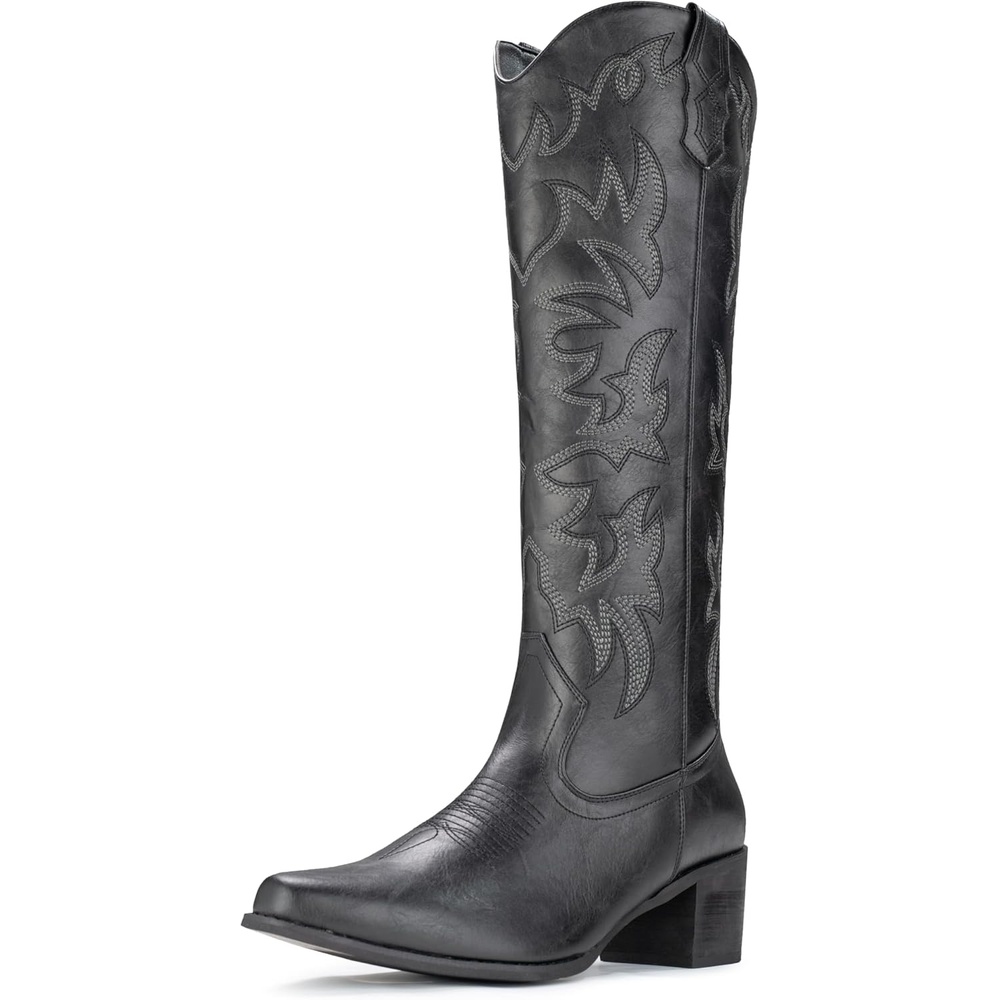 image:imageIUV Cowboy Boots For Women Knee High Western Cowgirl Boots Snip Toe Side Zipper Chunky HeelBlack