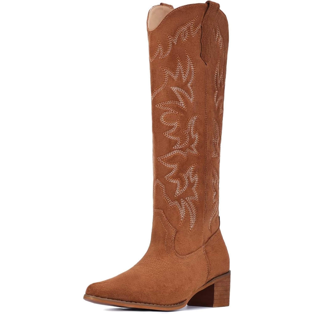 image:imageIUV Cowboy Boots For Women Knee High Western Cowgirl Boots Snip Toe Side Zipper Chunky HeelSuede Brown