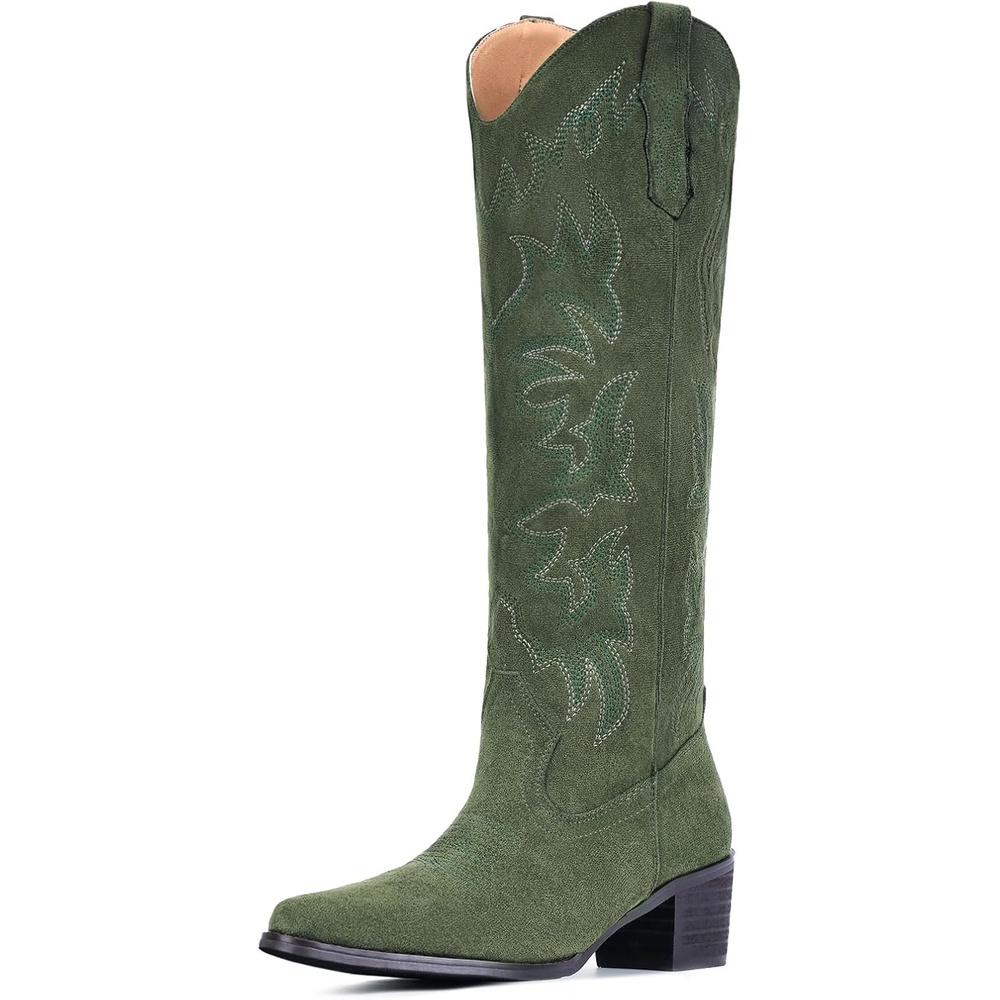 image:imageIUV Cowboy Boots For Women Knee High Western Cowgirl Boots Snip Toe Side Zipper Chunky HeelSuede Green