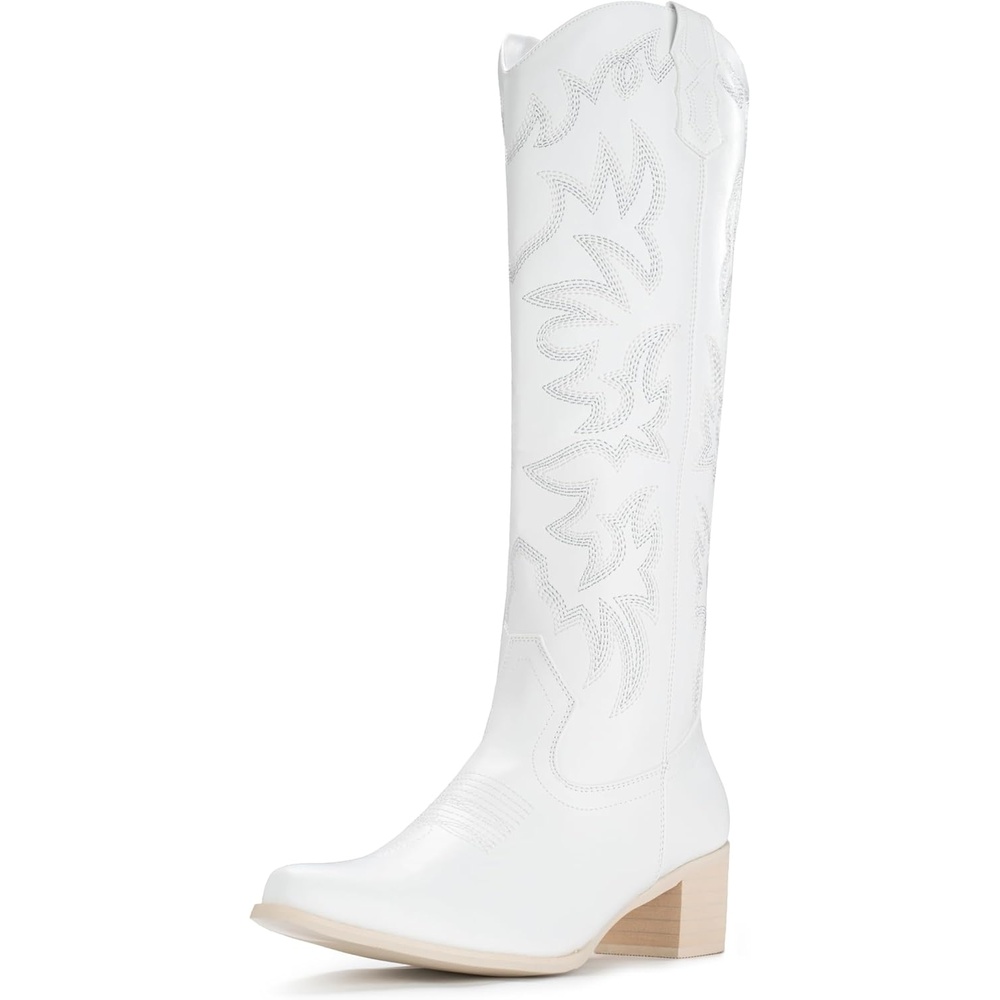 image:imageIUV Cowboy Boots For Women Knee High Western Cowgirl Boots Snip Toe Side Zipper Chunky HeelWhite