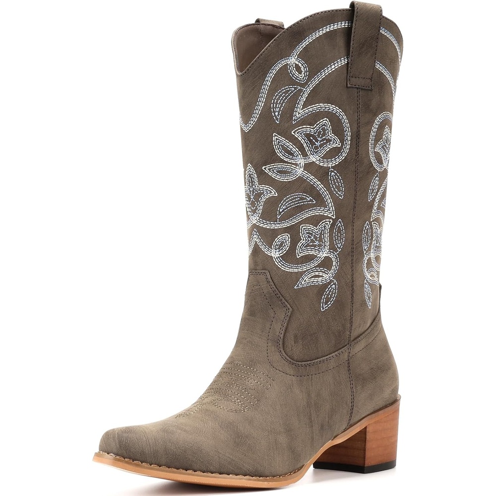 image:imageIUV Cowboy Boots For Women Pointy Toe Womens Western Boots Cowgirl Boots Mid Calf BootsKhaki
