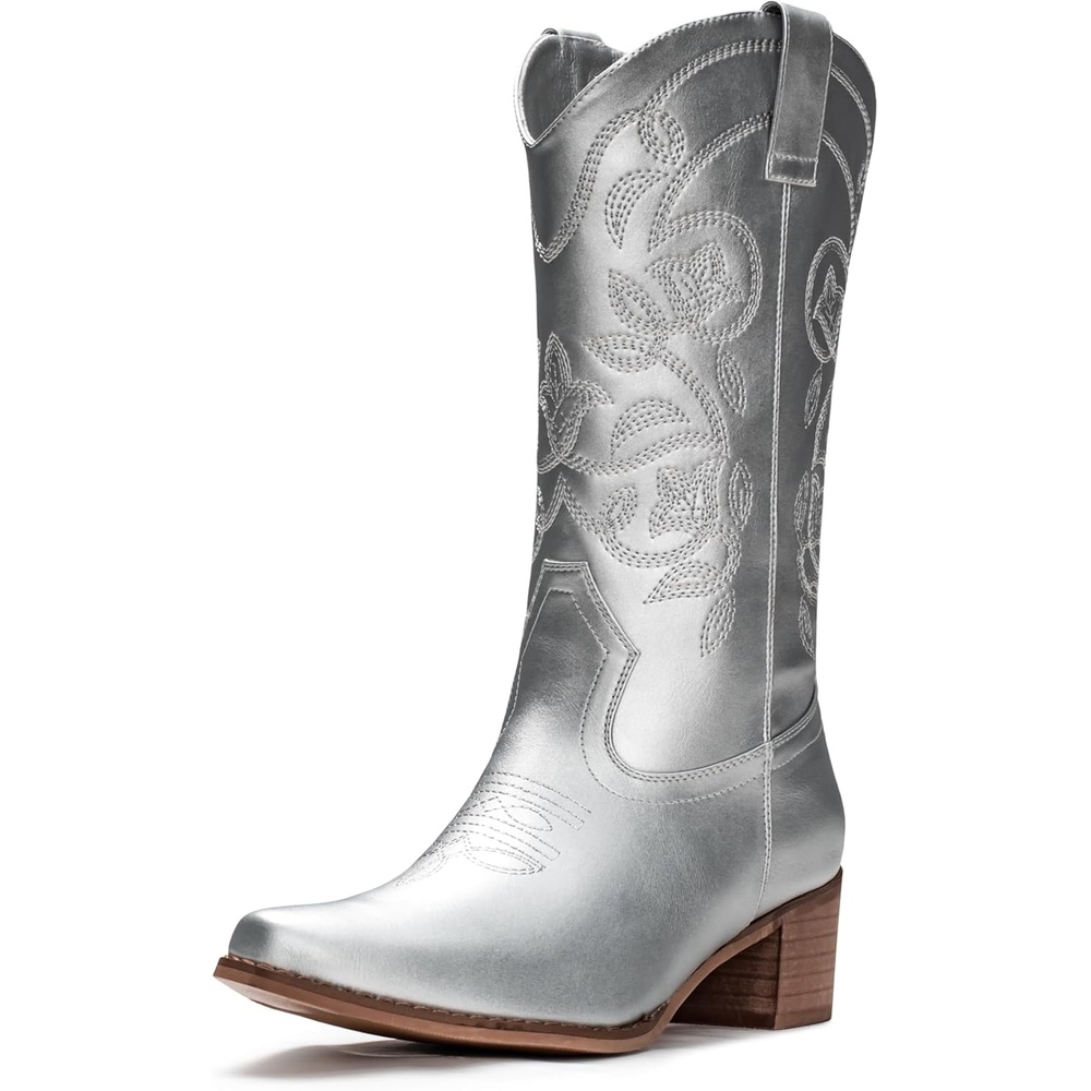 image:imageIUV Cowboy Boots For Women Pointy Toe Womens Western Boots Cowgirl Boots Mid Calf BootsSilver
