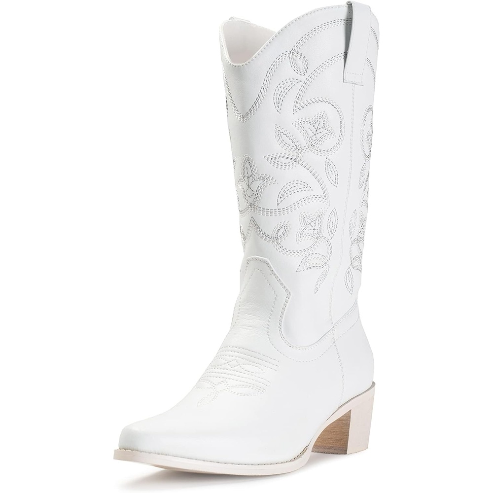 image:imageIUV Cowboy Boots For Women Pointy Toe Womens Western Boots Cowgirl Boots Mid Calf BootsWhite